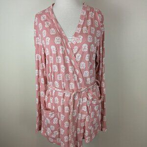 Scanty Sugar Skull Crossbones Pink Bathrobe Robe Cover-up Punk Rocker L NWT